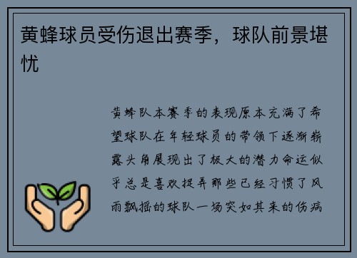 黄蜂球员受伤退出赛季，球队前景堪忧